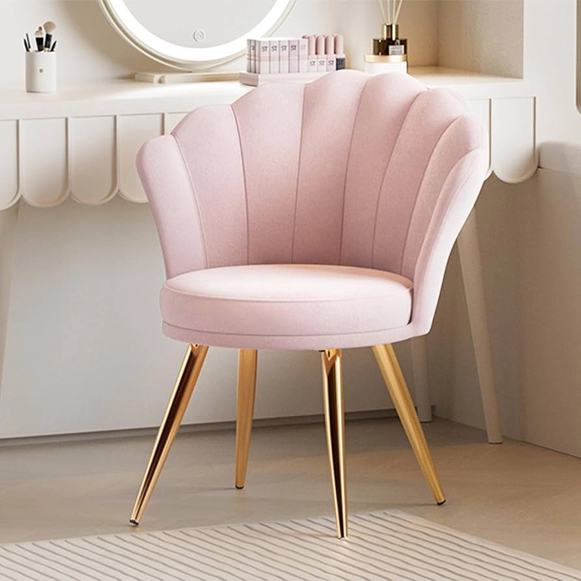 Velvet Accent Chair with Gold Metal Legs, Vanity Chair for Makeup Room, Upholstered Guest Chair for Living Room, Side Chair for Bedroom, Light Pink