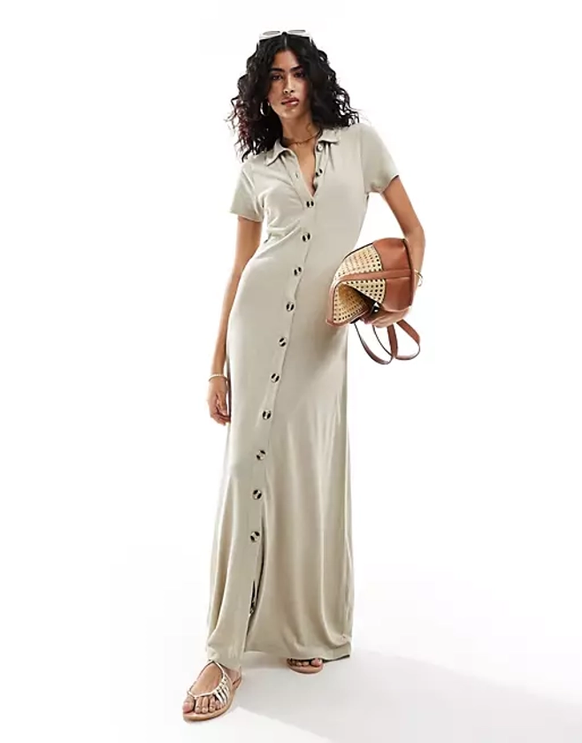 ASOS DESIGN collared linen mix maxi tea dress with button front in stone | ASOS