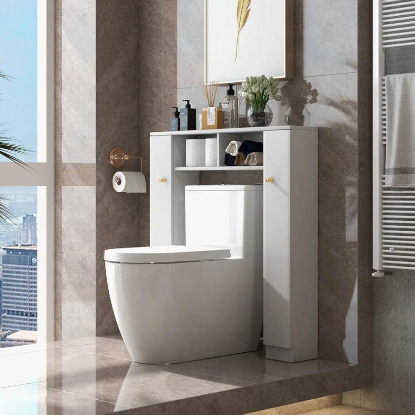 GOPLUS Meuble WC Étagère au-Dessus des Toilettes, Organisateur de Rangement Autoportant de Salle de Bain avec Doubles Portes & 4 Étagères Réglables (Blanc)