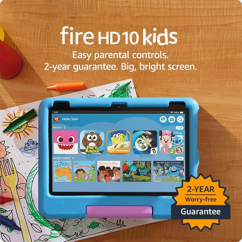 Amazon Fire 10 Kids tablet (newest model) ages 3-7 | Bright 10.1" HD screen with ad-free content and parental controls included, 13-hr battery, 32 GB, Blue