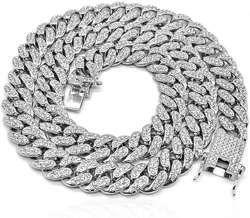 Chaîne à Maillons Cubains, Chaîne Cubaine Homme, Homme Chaîne Pendentif Hip Hop, Collier Cubain Miami, Zircon Cubique Collier Cubain, Chaîne Diamant Plaqué, pour Hommes, argent, 50cm