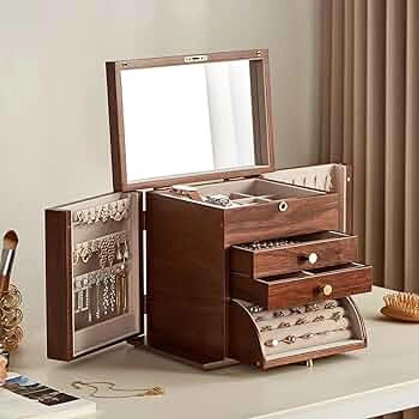 Black Walnut Wooden Jewelry Box, 4-Layer Solid Wood Jewelry Organizer with 2 Side Doors Mirror Lockable Classical Style for Watch Necklace Ring Earring