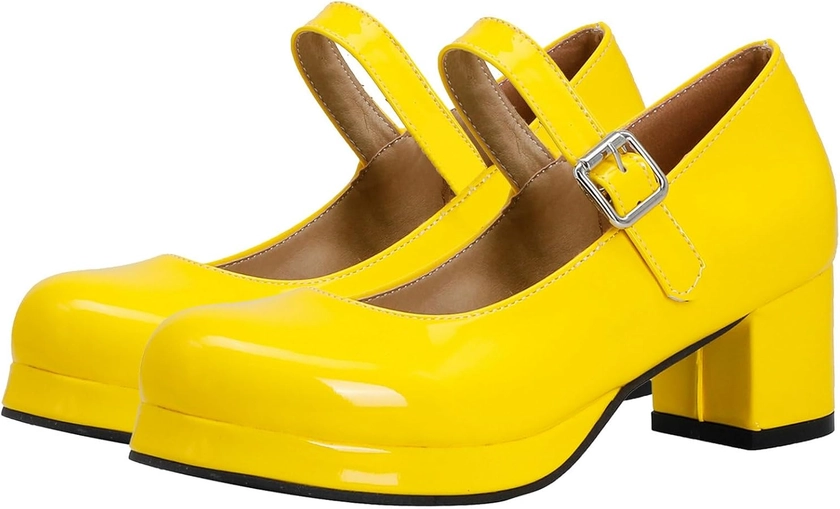 Amazon.com | LUXMAX Women Patent Leather Mary Janes Block Heel Platform Pumps Ankle Strap Buckle Chunky Heel Pumps Closed Square Toe Dress Shoes, Size 9.5 M US,3-Yellow | Pumps