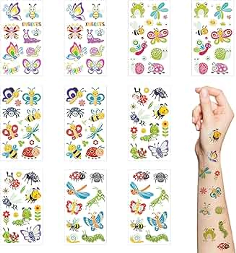 Insect Temporary Tattoo for Kids,10 Sheets Luminous Cute Reptile Bug Nature Waterproof Glow In The Dark Tattoo Sticker for Birthday Party Favors Goodie Bags Stuffers Party Fillers