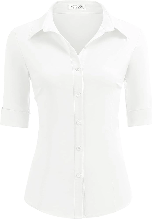 HOTOUCH Women's Basic Button Down Shirts 3/4 Sleeve Stretch Button Up Dress Shirt Slim Fit Waitress Work Shirts