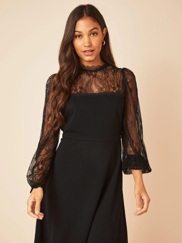 Seasons Friends Like These Black Lace Yoke Mini Long Sleeve Dress - SEASONS