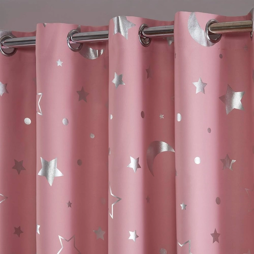 Dreamscene Galaxy Star Thermal Blackout Curtains PAIR of Eyelet Ring Top Panels Kids Girls Metallic Moon - Pink Blush, Width 66" x Drop 72"