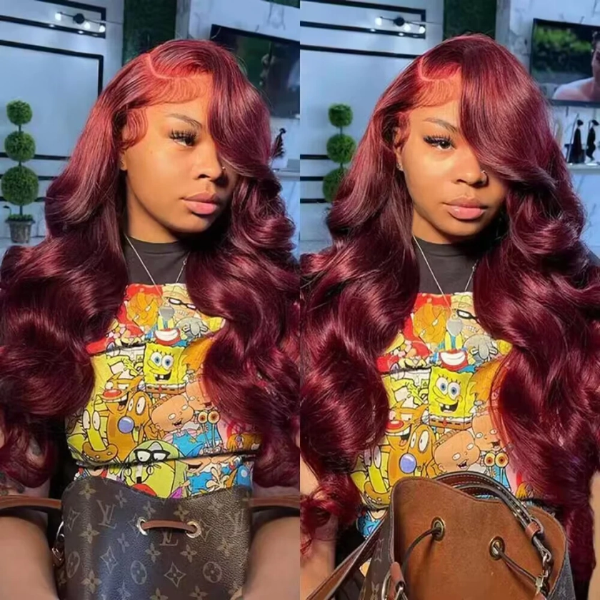 Perruque Lace Front Wig Body Wave naturelle, cheveux humains, couleur rouge bordeaux 99J, 13x4, 13x6 HD, pre-plucked