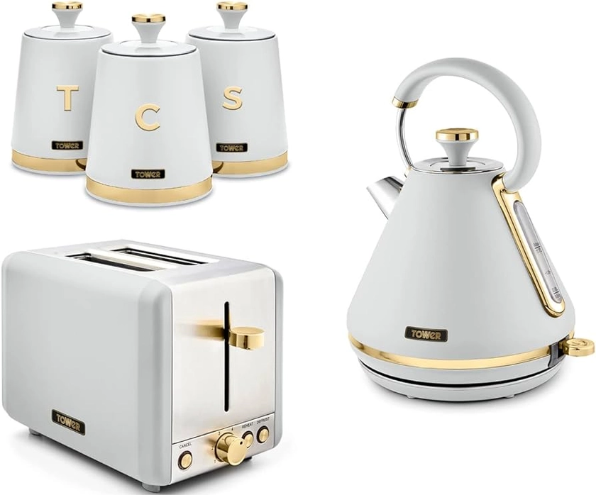 TOWER Cavaletto 1.7L 3KW Pyramid Kettle,2 Slice Toaster&Set of 3 Canisters in Optic White w/ Brushed Champagne Gold Accents. Contemporary Matching Kitchen Set of 5 Items in White (TWRCAVPKT2CANSWHT) : Amazon.co.uk: Home & Kitchen