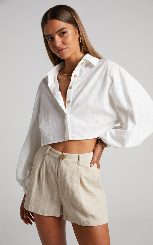 Marsha Shirt - Cropped Long Sleeve Button Up Shirt in White