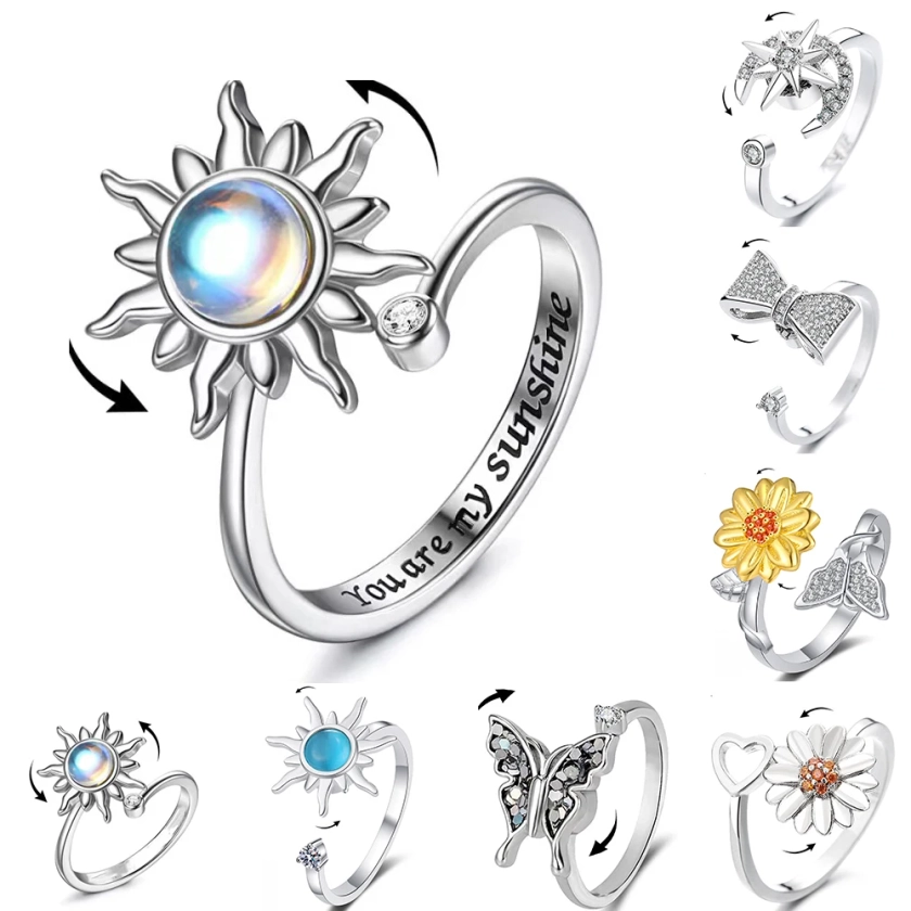Sunflower Crystal Anxiety Relief Spinning Fidget Ring For Girls Rotate Freely Metal Copper Knuckle Ring Women'S Jewelry Gifts