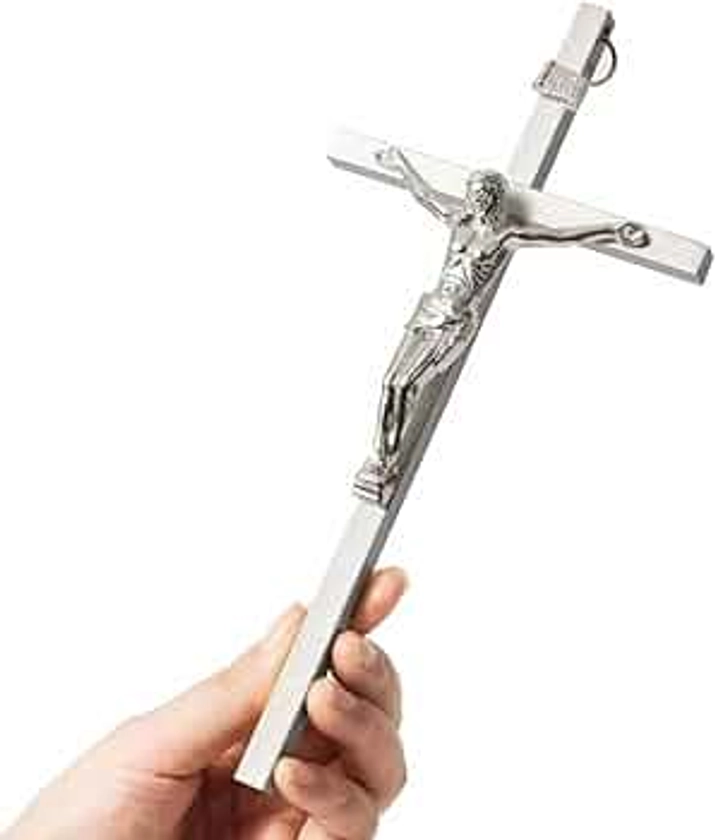 VINETEN Crucifix Wall Cross | Silver Metal Slender Catholic Crosses | Cross Wall Décor for Your Home - 8 Inch