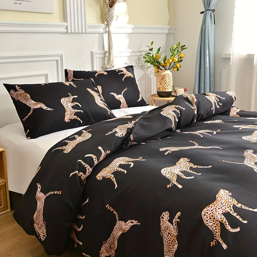 3pcs Fashion Duvet Cover Set, Leopard Print Bedding Set, Soft Comfortable Breathable Duvet Cover, For Bedroom Guest Room Dorm (1*Duvet Cover + 2*Pillo