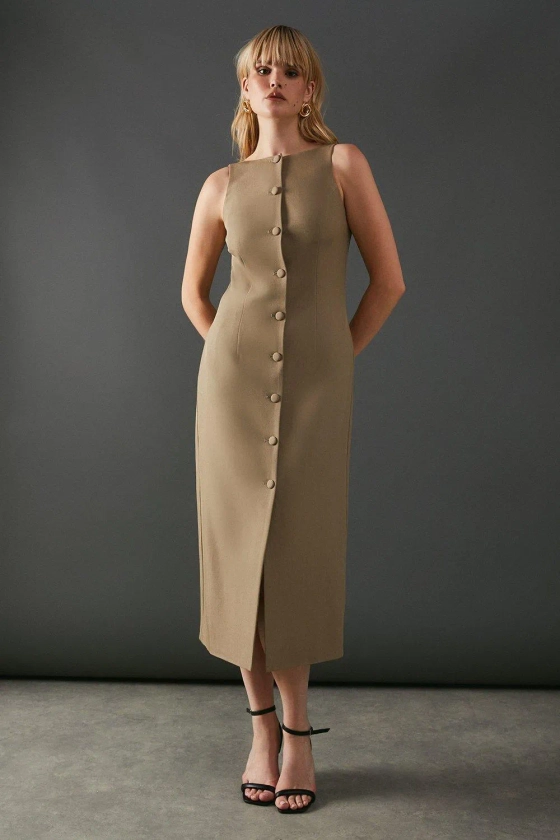 Dresses | Crew Neck Button Through Midi Tailored Dress | Warehouse