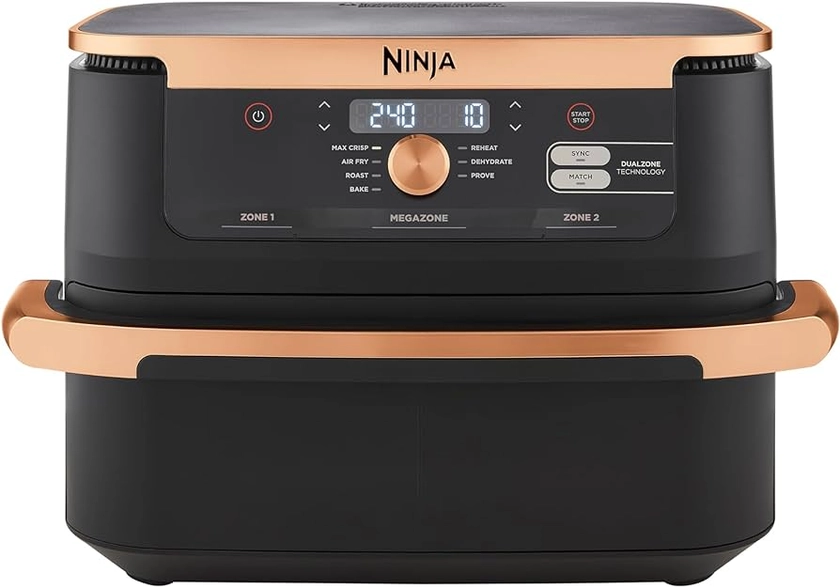Ninja Foodi FlexDrawer Air Fryer, Dual Zone Avec Séparateur Amovible, Grand Tiroir de 10.4 L, 7-en-1, Double Zone, Pièces Antiadhésives Compatibles Au Lave-Vaisselle, Noir & Cuivre, AF500EUCP