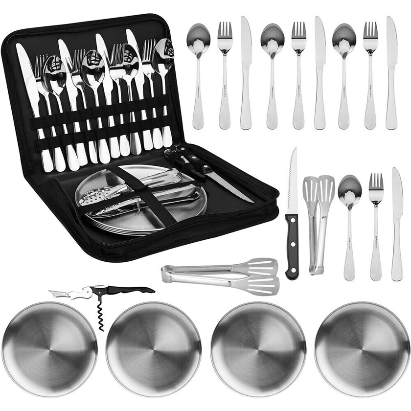 Camping Picnic Party Cutlery Set In Wallet 4 Person Stainless Steel Camper W/Bag