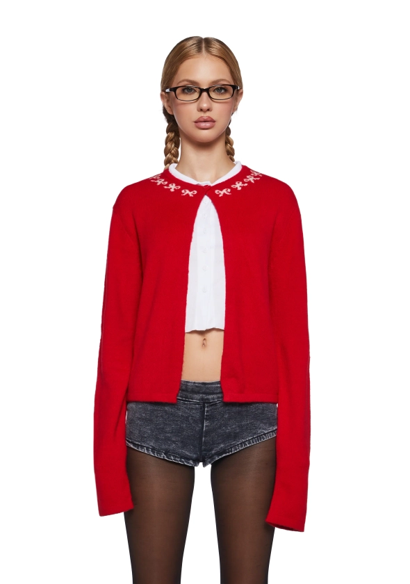 Motel Acrylic Knit Bow Cardigan - Red