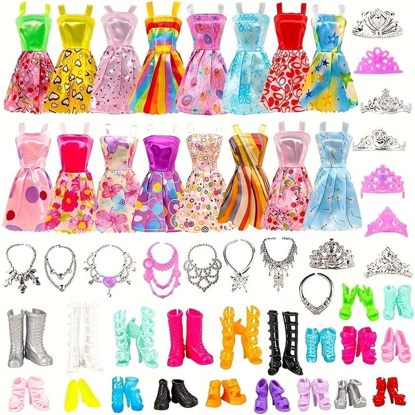 32 Pieces Doll Outfit And Accessories Set for 11.5&quot; Dolls: Includes 10 Fashionable Dresses, 10 Pairs of Shoes, 6 Necklaces, And 6 Crowns