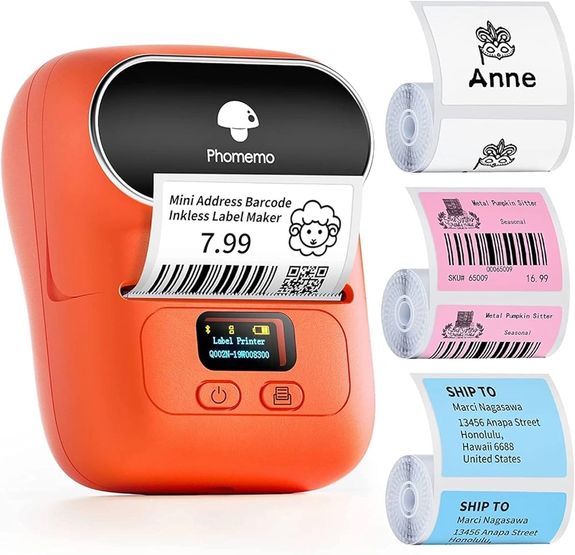 Phomemo M110 Imprimante d'étiquettes Bluetooth auto-adhésive Imprimante d'étiquette portable pour code-barres avec 3 rouleaux d'étiquettes 40 x 30 mm Orange