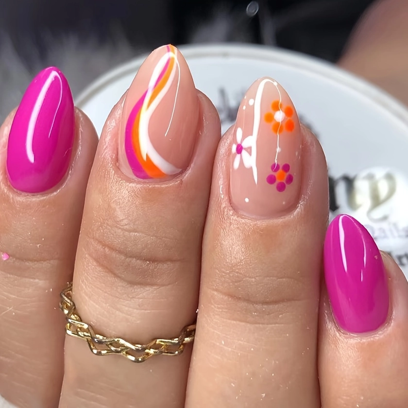 24pcs Set Of Glossy Short Oval Press-On Nails With Colorful Swirls & Floral Design - Fashionable Full Cover Acrylic False Nails For Women And Girls Sh