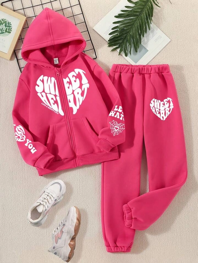 SHEIN Tween Girl 2pcs/Set Stylish Streetwear Letter & Heart Pattern Hoodie And Sweatpants Set For Autumn & Winter, Mommy And Me Matching Outfits (3 Sets Sold Separately)