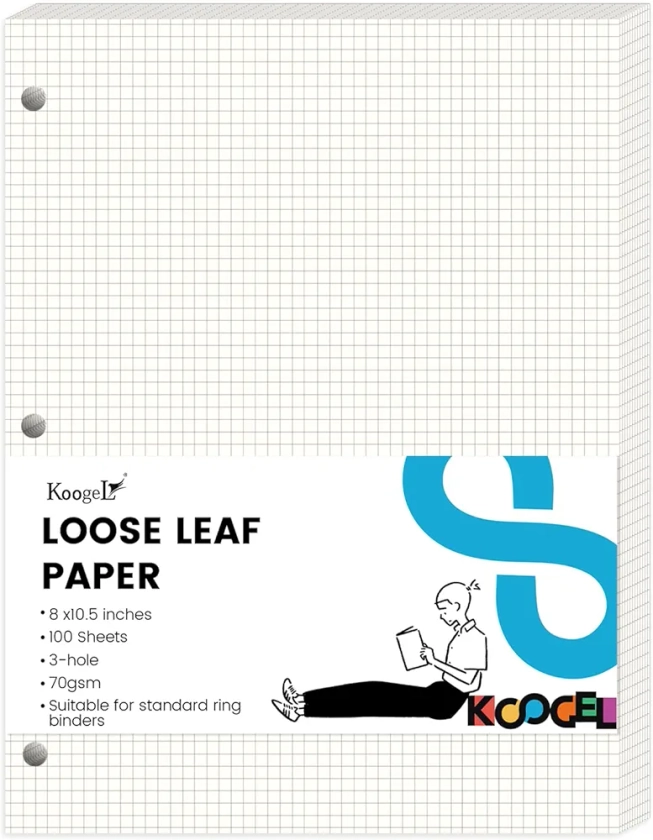 Koogel 100 Sheets Graph Paper, Filler Paper Loose Leaf Paper 4 x 4 Graph Rule 3-Hole Punched for 3-Ring Binders Office School 8 x 10.5 Inch