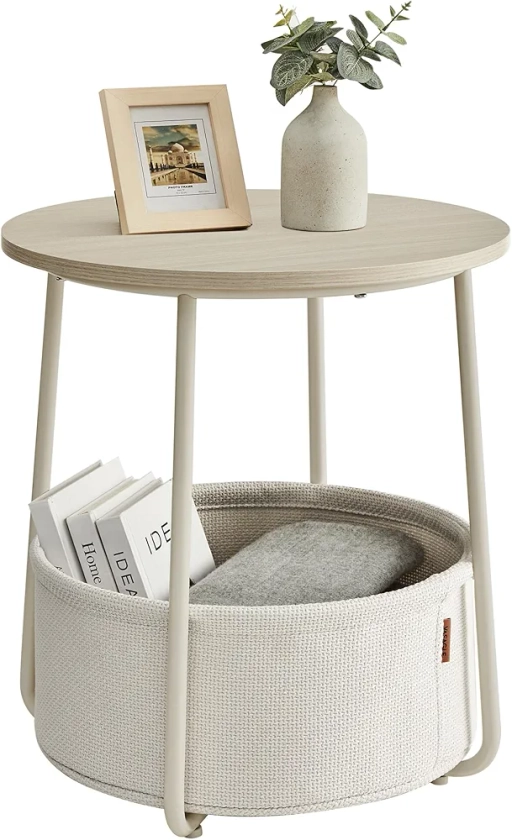 VASAGLE Petite Table Basse Ronde, Table d’Appoint avec Panier en Tissu, Rangement, pour Salon, Chambre, Table de Chevet, Style Moderne, Beige Naturel et Blanc Crème LET223K67