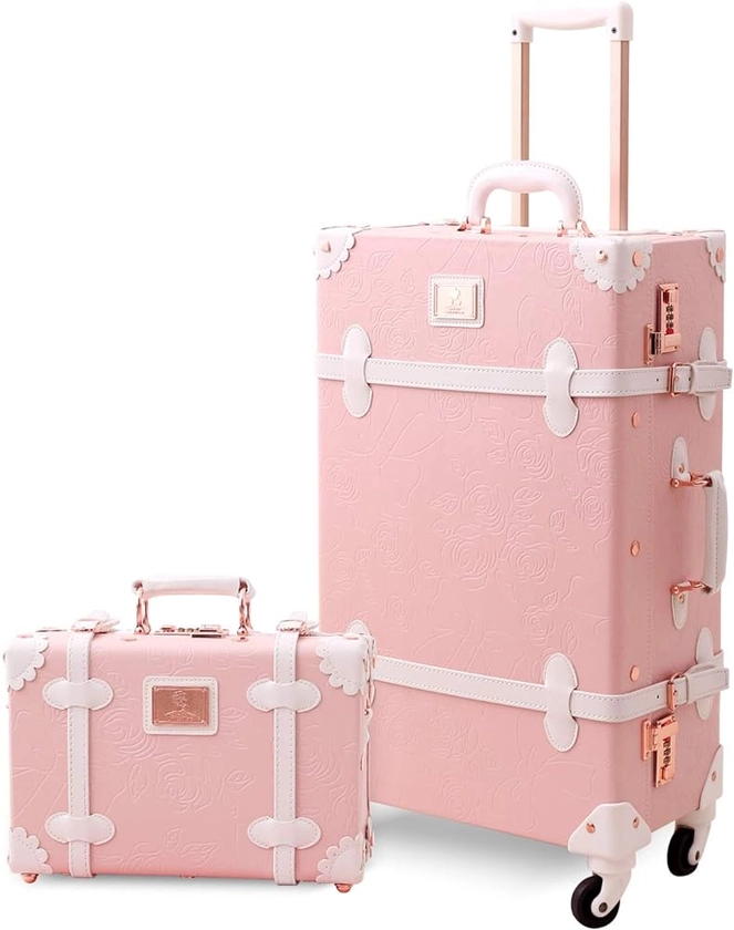 Mosslanda UNIWALKER 2 Piece Vintage Luggage Set Women Cute Carry On Suitcase for Travel with Spinner Wheels, Embossed Pink