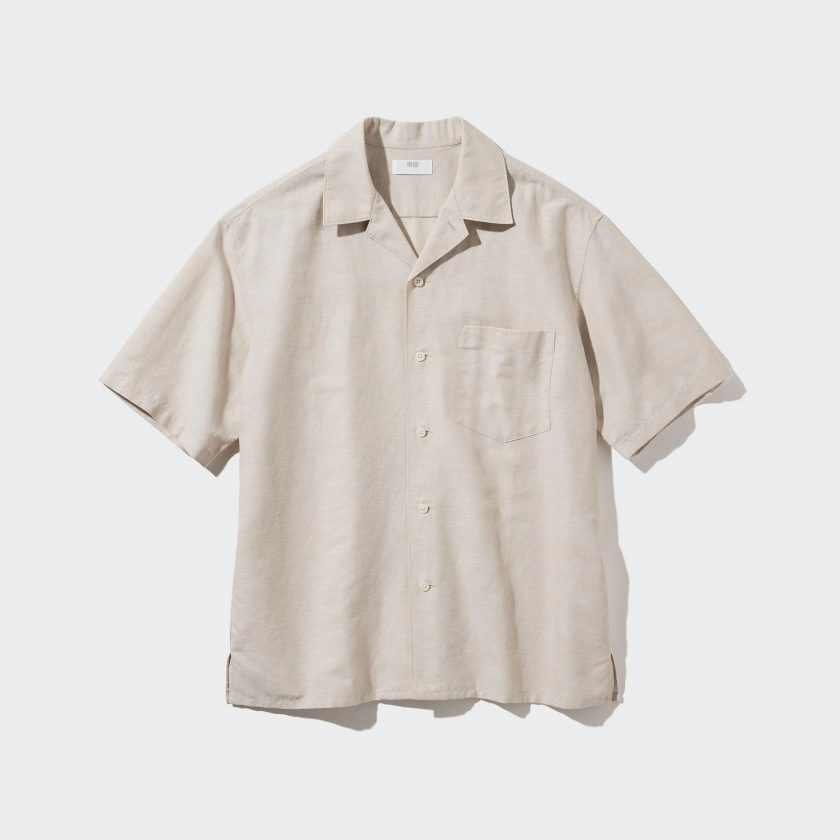 Cotton Linen Blend Short Sleeved Shirt (Open Collar)