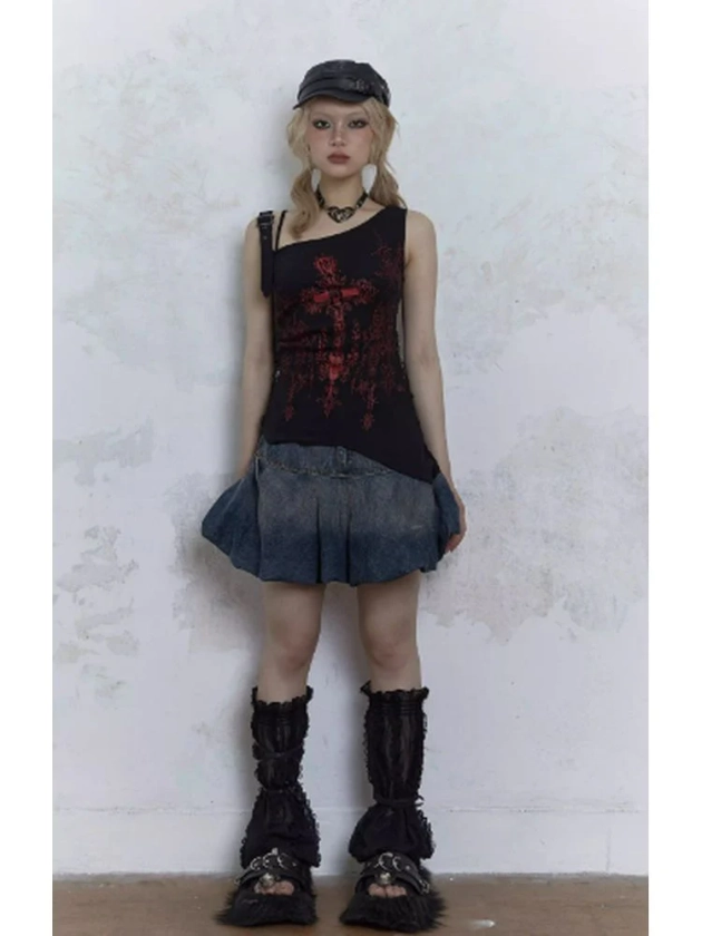 Dark punk print mesh vest【s0000002703】
