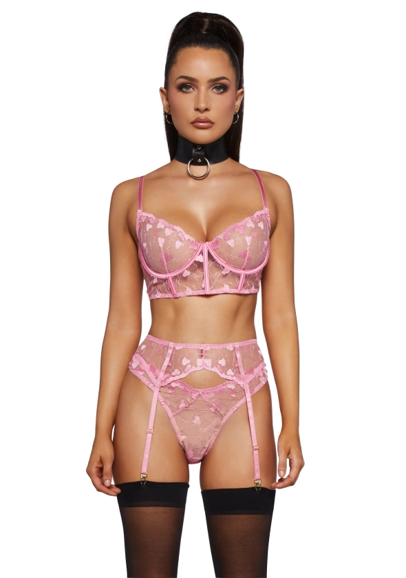 Forplay Mesh Hearts Bra Panty Garter Set Valentines Day Sexy - Pink