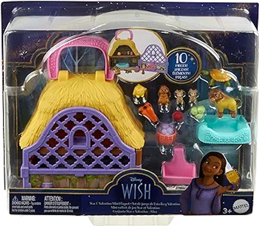 Mattel Disney's Wish Mini Doll Playset, Star & Valentino of Rosas Portable Set with Valentino the Goat & Star Toy Figures & 10 Accessories, Travel Toys, HRH75