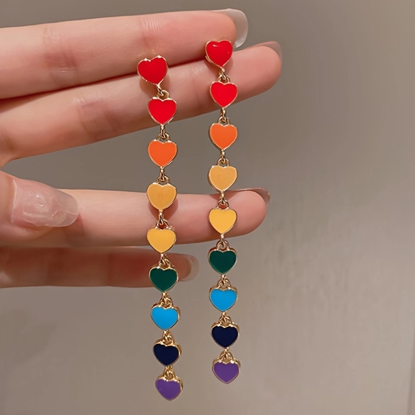 Colorful Enamel Heart Design Long Dangle Earrings Elegant Cute Style Valentine's Day Gift For Lovers