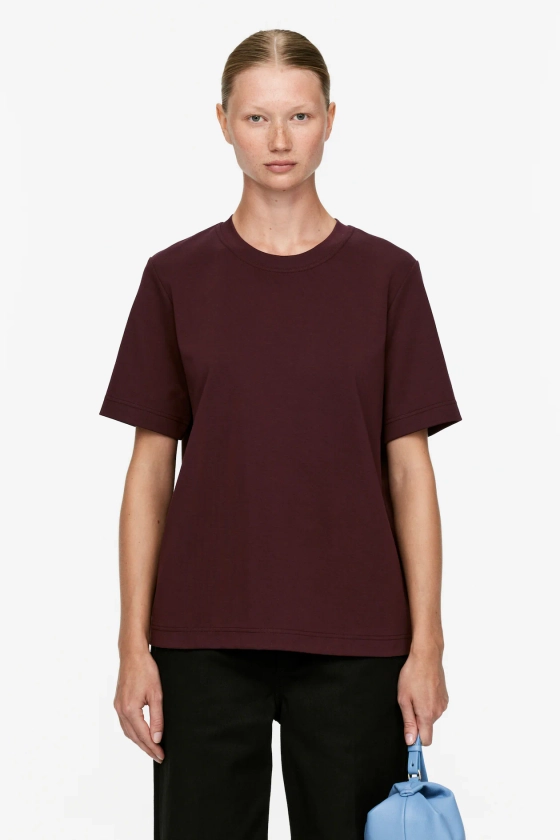 Zware kwaliteit T-shirt - Ronde hals - Korte mouwen - Bordeauxrood - DAMES | H&M NL