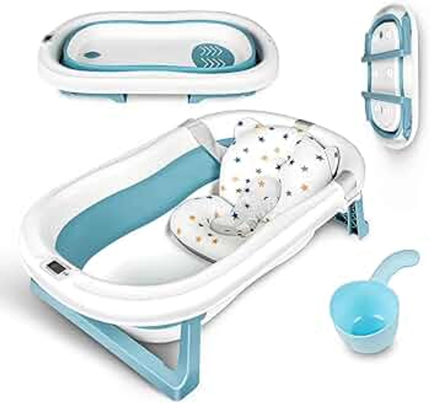 Einesin Grand Baignoire Pliable Bébé avec Thermomètre à eau, Coussin, Rince Tete Bebe, Baignoire Bebe, baignoire bebe pliable pour les bébés de 0 à 6 ans, 83 X 50 X 21 cm (Bleu)