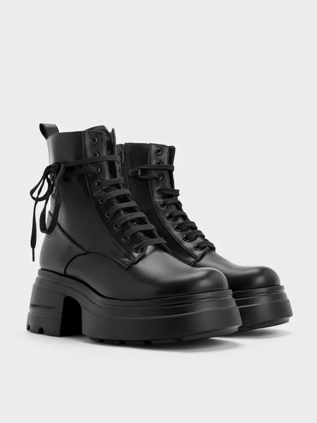 Lace-Up Chunky Ankle Boots - Black