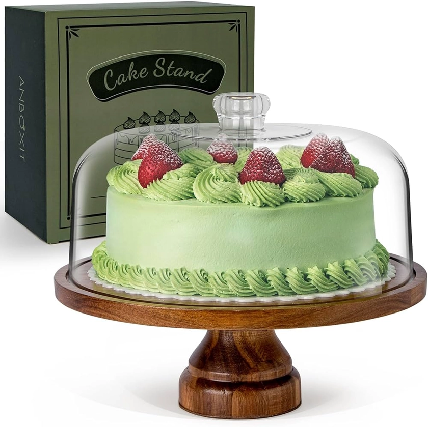 ANBOXIT Cake Stand with Dome Lid, Acacia Wood Cake Plate with Cover, Wooden Cake Display Stand with Acrylic Dome ( Footed )