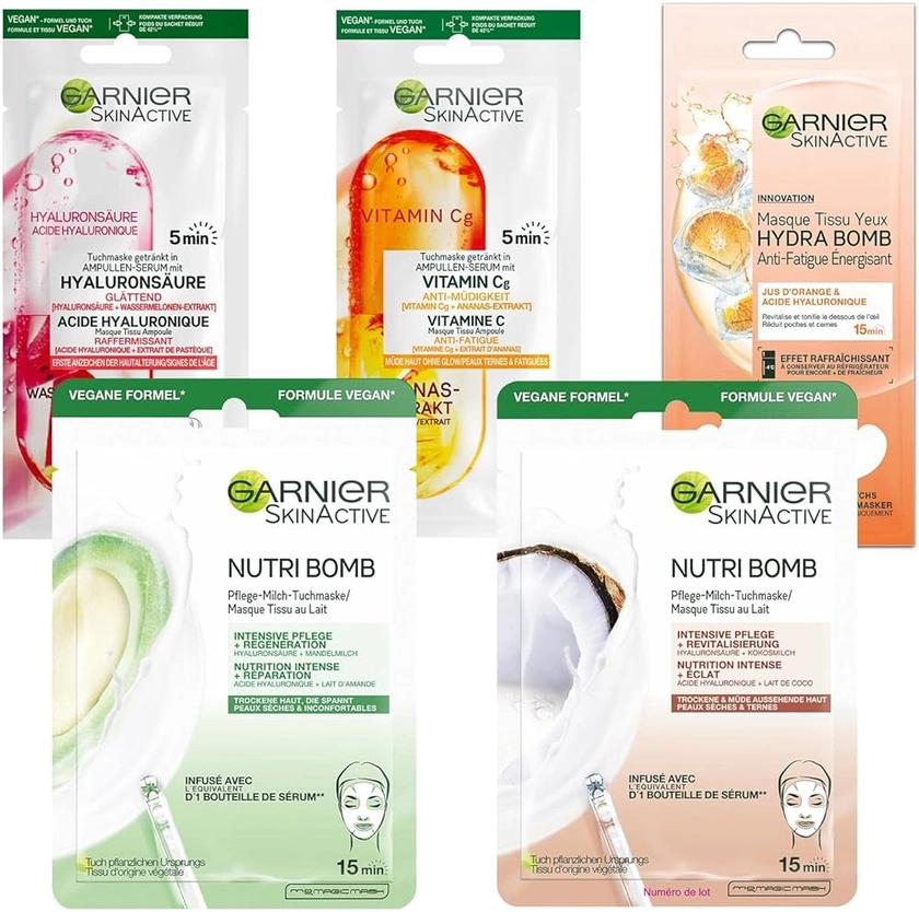 Garnier - Coffret 5 Masques en Tissu - Éclat et Nutrition - Masques Nutribomb, Ampoule et Hydrabomb : Amazon.fr: Beauté et Parfum