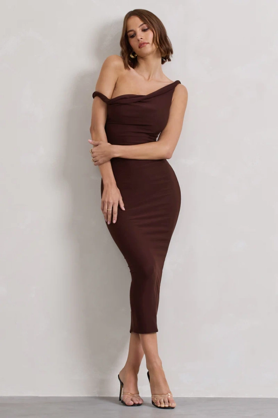 Salome | Chocolate Brown Twisted Asymmetric Midi Dress
