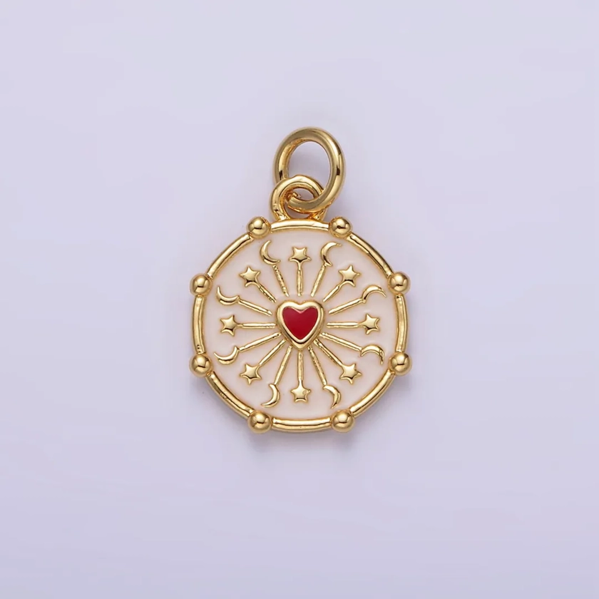 16K Gold Filled Red Heart Celestial Crescent Moon Star Ray Dotted Outline Round Charm AG159 - Etsy