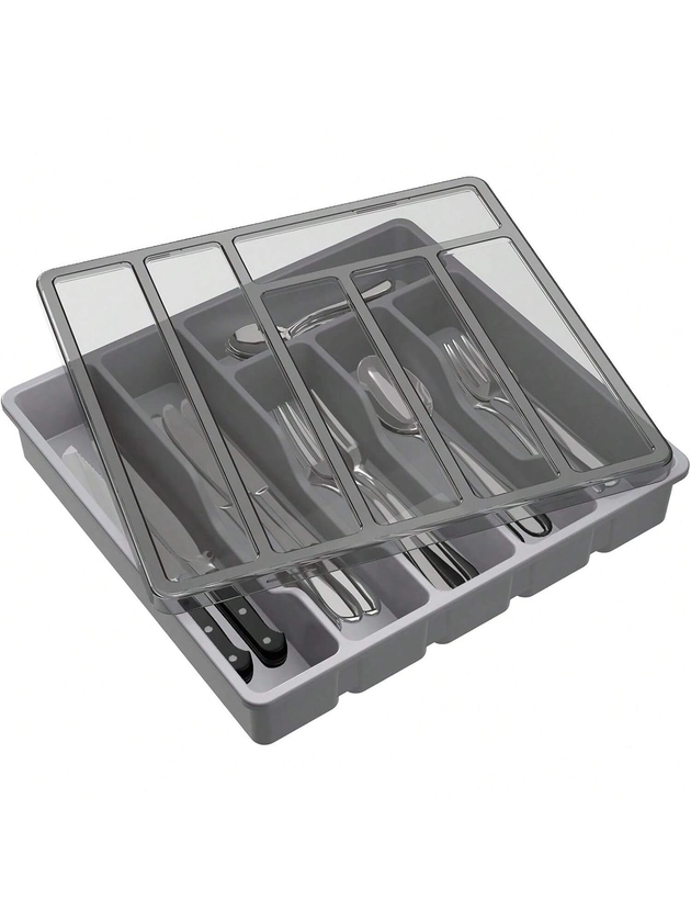 1PCS Silverware Organizer With Lid, Utensil Drawer Organizer. Removable Lid, 6 Slots Total Caddy For Flatware Cutlery Knives, Forks, Spoons