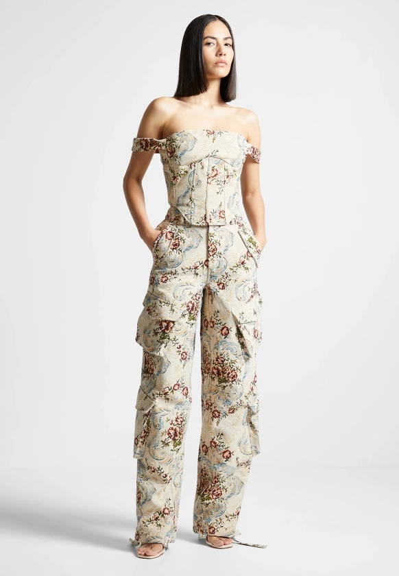 Floral Jacquard High Waisted Cargo Pants - Beige
