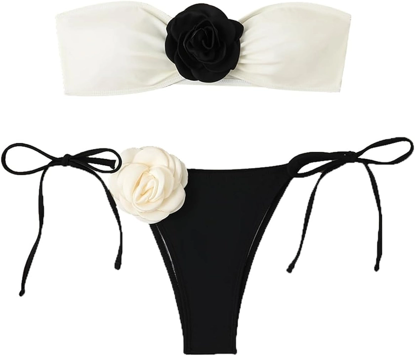Amazon.com: Leoparts Women's 2 Piece Bandeau Swimsuits 3D Floral Tie Side High Cut Low Rise Bikini Set Bathing Suit : Clothing, Shoes & Jewelry