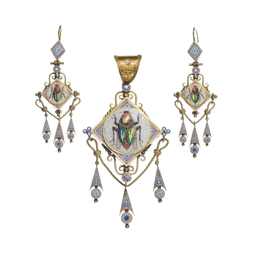 Antique Italian Micromosaic Brooch Pendant and Earrings Suite in Gold, Circa 1840