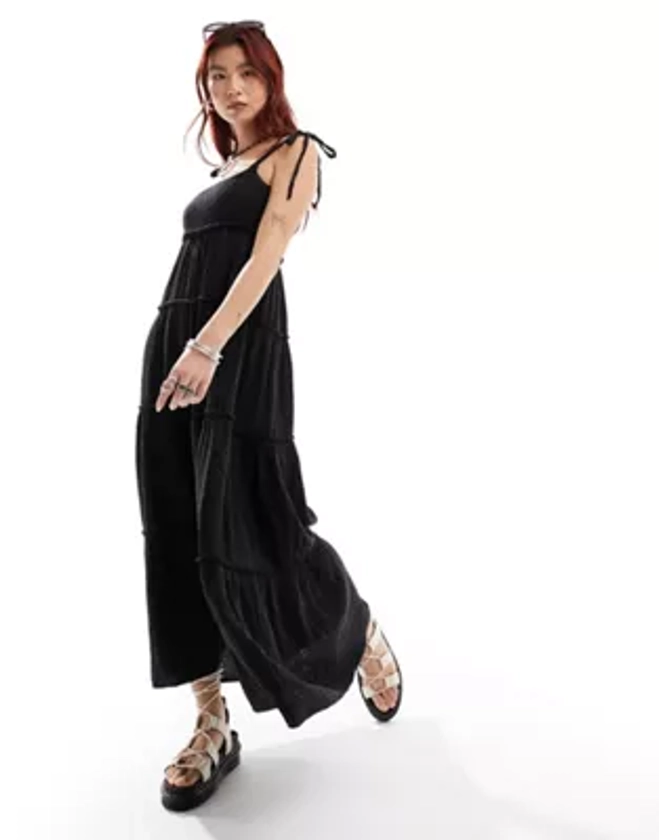 COLLUSION double cloth shirred tiered cami maxi dress in washed black | ASOS