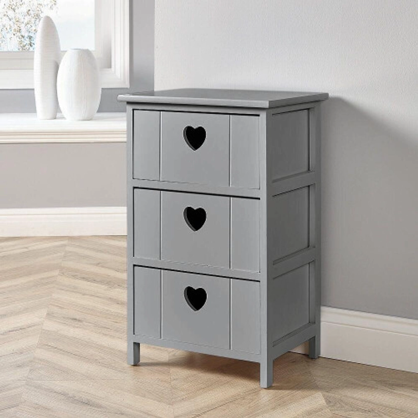 Grey Wooden 3 Drawer Chest Storage Unit Bedroom Organiser Bedside Love Hearts on OnBuy