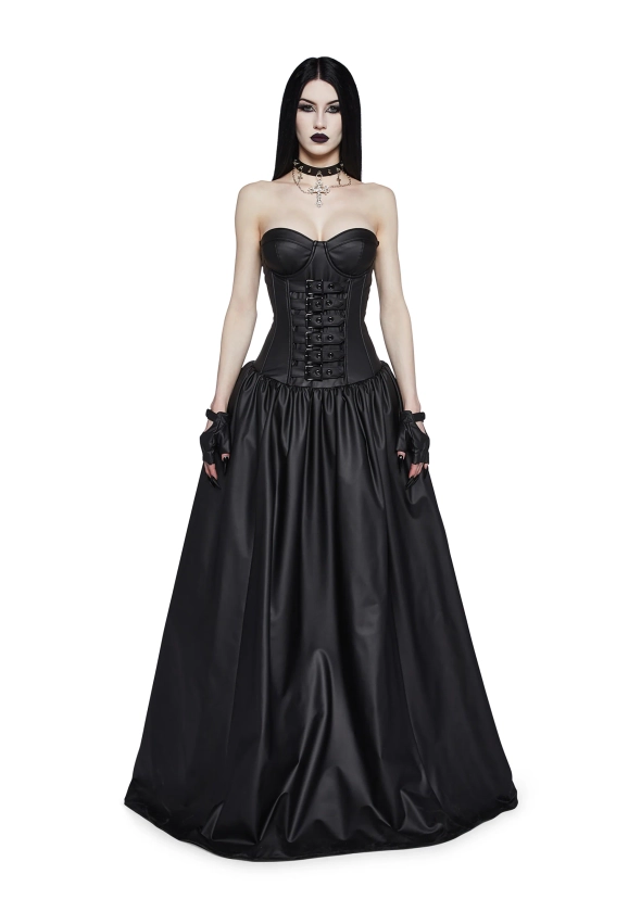 Widow Vegan Leather Buckle Ball Gown WIth Gloves Goth Metal - Black