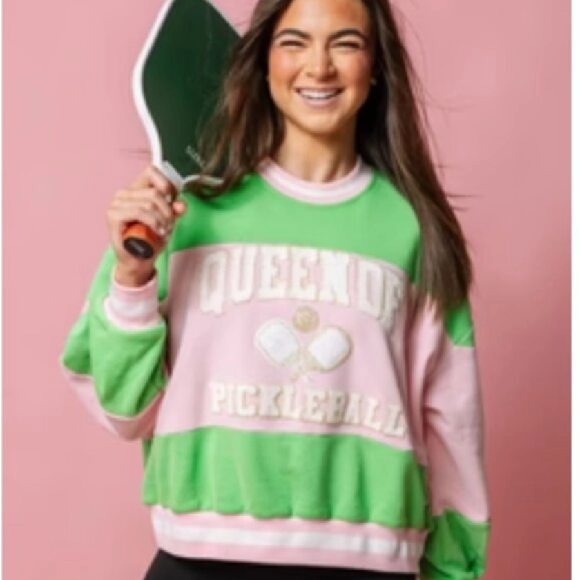 NWT Queen of Sparkles Green & Pink Stripe Pickle Ball Sweatshirt