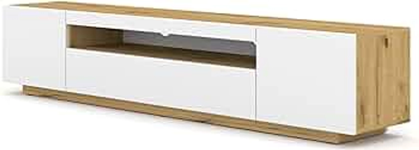 Meuble TV lowboard 200 cm - Meuble TV - Commode HiFi - Chêne Artisan - Façades blanches - Armoire autoportante (blanc avec LED)