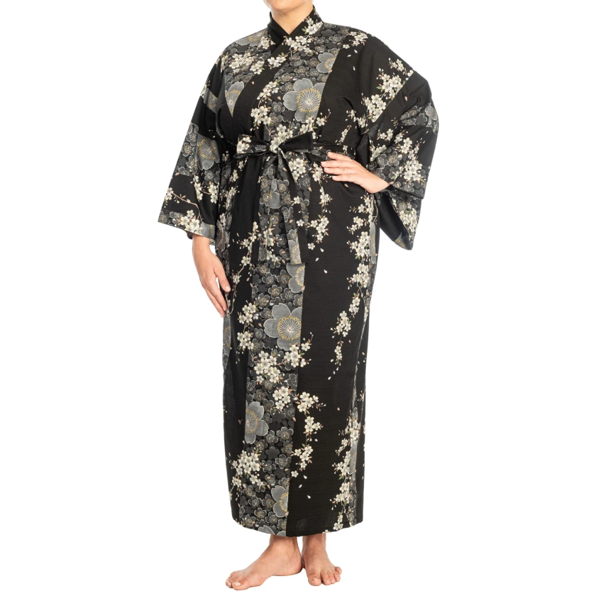 Cherry Blossom Print Long Black Yukata XL | XL Yukata